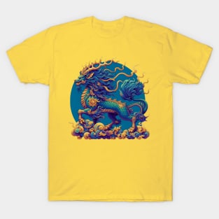 Chinese Qilin in blue and gold colors T-Shirt